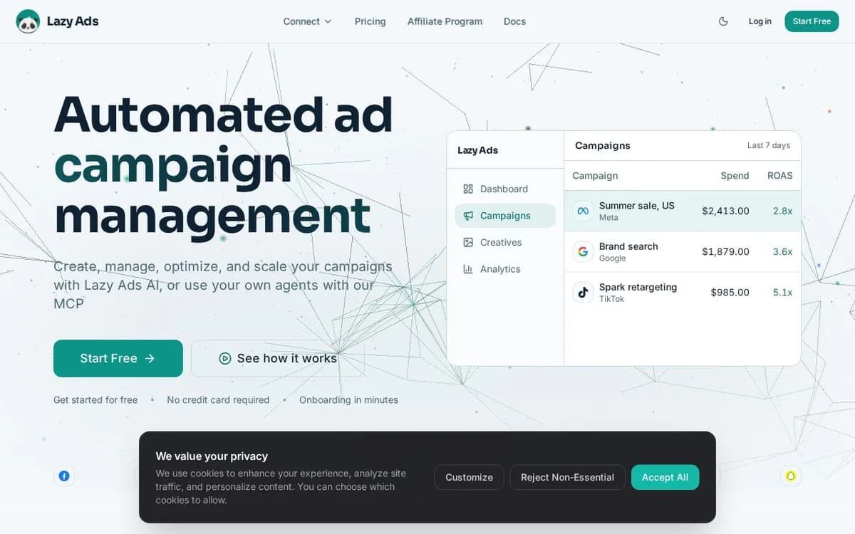 Aperçu de la page d’accueil de Lazy Ads Affiliate Program